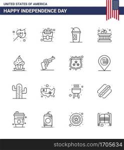 Line Pack of 16 USA Independence Day Symbols of sweet  dessert  american  cake  instrument Editable USA Day Vector Design Elements