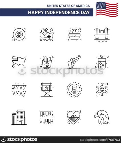 Line Pack of 16 USA Independence Day Symbols of thanksgiving; american; burger; cityscape; building Editable USA Day Vector Design Elements