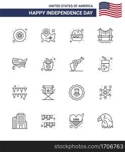 Line Pack of 16 USA Independence Day Symbols of thanksgiving  american  burger  cityscape  building Editable USA Day Vector Design Elements