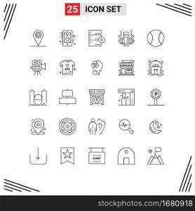 Line Pack of 25 Universal Symbols of ball, gym, phone, dumbbell, data Editable Vector Design Elements
