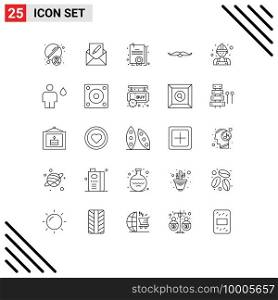 Line Pack of 25 Universal Symbols of carpenter, male, mail, movember, moustache Editable Vector Design Elements