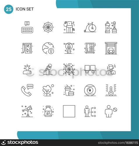 Line Pack of 25 Universal Symbols of cleaner, vehicle, diet, transportation, bike Editable Vector Design Elements