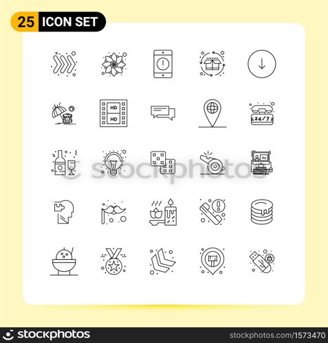 Line Pack of 25 Universal Symbols of down, product cycle, cellphone, product, cycle Editable Vector Design Elements