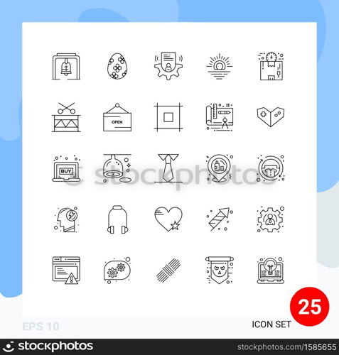 Line Pack of 25 Universal Symbols of logistics, box, setting, weather, sun Editable Vector Design Elements