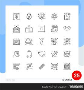 Line Pack of 25 Universal Symbols of logistics, box, setting, weather, sun Editable Vector Design Elements
