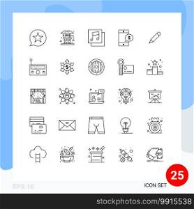 Line Pack of 25 Universal Symbols of study, dollar, well, money, mobile Editable Vector Design Elements