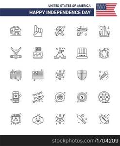 Line Pack of 25 USA Independence Day Symbols of sight  landmark  investigating  weapon  security Editable USA Day Vector Design Elements