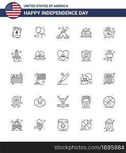 Line Pack of 25 USA Independence Day Symbols of usa  map  tent  parade  instrument Editable USA Day Vector Design Elements