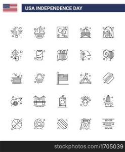 Line Pack of 25 USA Independence Day Symbols of white  landmark  cake  house  world Editable USA Day Vector Design Elements