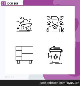 Line Pack of 4 Universal Symbols of agriculture, home ware, wheelbarrow, profile, rack Editable Vector Design Elements