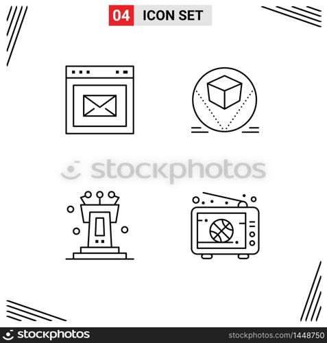 Line Pack of 4 Universal Symbols of browser, podium, website, store, tribune Editable Vector Design Elements