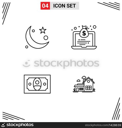 Line Pack of 4 Universal Symbols of crescent, cash, muslim, economy, money Editable Vector Design Elements