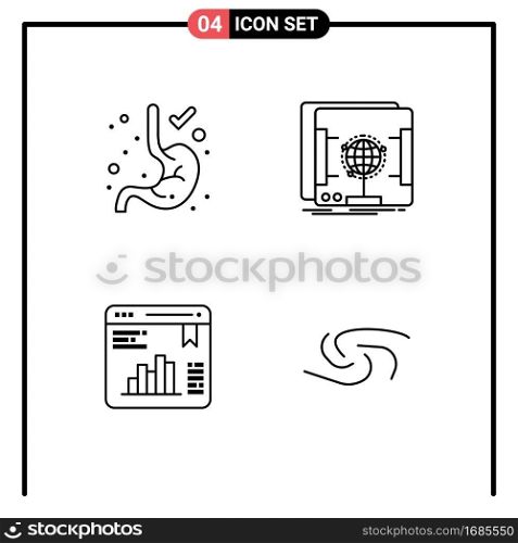 Line Pack of 4 Universal Symbols of digestion, graph, dimensional, scanner, syscoin Editable Vector Design Elements