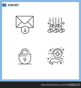 Line Pack of 4 Universal Symbols of mail, security, decoration, wedding, care Editable Vector Design Elements