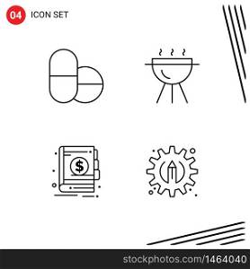 Line Pack of 4 Universal Symbols of pills, creative, bbq, economy, pencil Editable Vector Design Elements