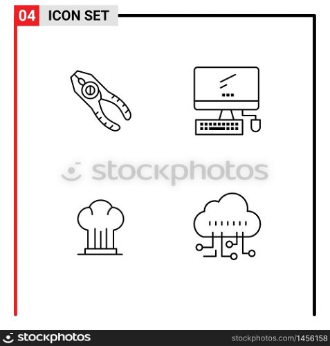 Line Pack of 4 Universal Symbols of pincers, pc, repair, monitor, chef Editable Vector Design Elements