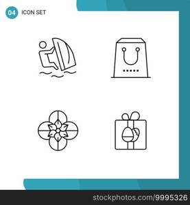 Line Pack of 4 Universal Symbols of surfer, purchase, wind, commerce, anemone flower Editable Vector Design Elements