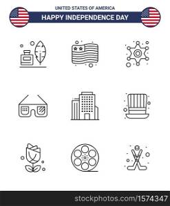 Line Pack of 9 USA Independence Day Symbols of american; building; police; usa; glasses Editable USA Day Vector Design Elements