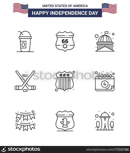 Line Pack of 9 USA Independence Day Symbols of badge; sport; building; ice sport; white Editable USA Day Vector Design Elements