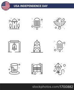 Line Pack of 9 USA Independence Day Symbols of building  church bell  animal  christmas bell  alert Editable USA Day Vector Design Elements