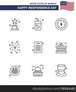 Line Pack of 9 USA Independence Day Symbols of drum  declaration of independence  dollar  declaration  american Editable USA Day Vector Design Elements