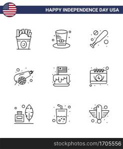 Line Pack of 9 USA Independence Day Symbols of independence  festival  baseball  weapon  canon Editable USA Day Vector Design Elements