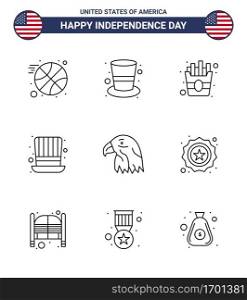 Line Pack of 9 USA Independence Day Symbols of usa  bird  food  animal  presidents Editable USA Day Vector Design Elements