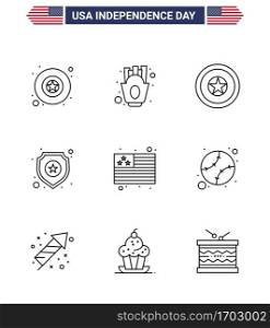 Line Pack of 9 USA Independence Day Symbols of usa; country; independece; sign; police Editable USA Day Vector Design Elements