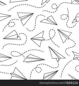 Line paper airplane seamless pattern. Flying planes from different direction with dotted line tracks, black drawing wallpaper vector texture, fabric. Post delivery flight, invention concept. Line paper airplane seamless pattern. Flying planes from different direction with dotted line tracks, black drawing wallpaper vector texture