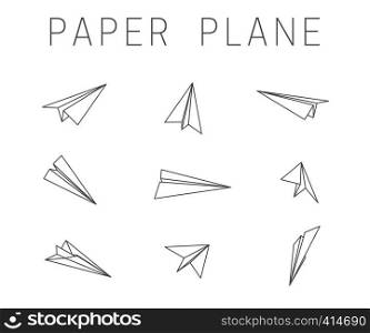 Line paper planes on white background. Contour drawings of origami planes. Line paper planes icons