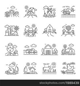 Line rural and farm landscapes with fields, barns and machinery. Agriculture industry icons. Farming buildings, harvest, farmland vector set. Organic natural products from countryside. Line rural and farm landscapes with fields, barns and machinery. Agriculture industry icons. Farming buildings, harvest, farmland vector set