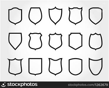 Line shield. Force shielded badges of plain coat protected arms, protective cover vector thin outline icon collection. Line shield. Force shielded badges of plain coat arms, protective cover vector thin outline icon collection