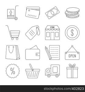 Line shopping icons set, thin black contour on white background. Line shopping icons set