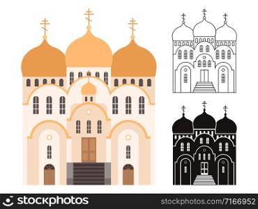 Line, silhouette and flat style church buildings vector set. Line, and flat church buildings