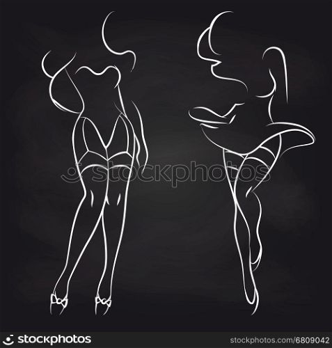Line silhouettes of woman on blackboard. Line silhouettes of sexual woman on blackboard. Vector illustration