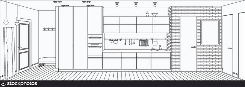 Line sketch drawing of the interior kitchen. Vector perspective illustration.