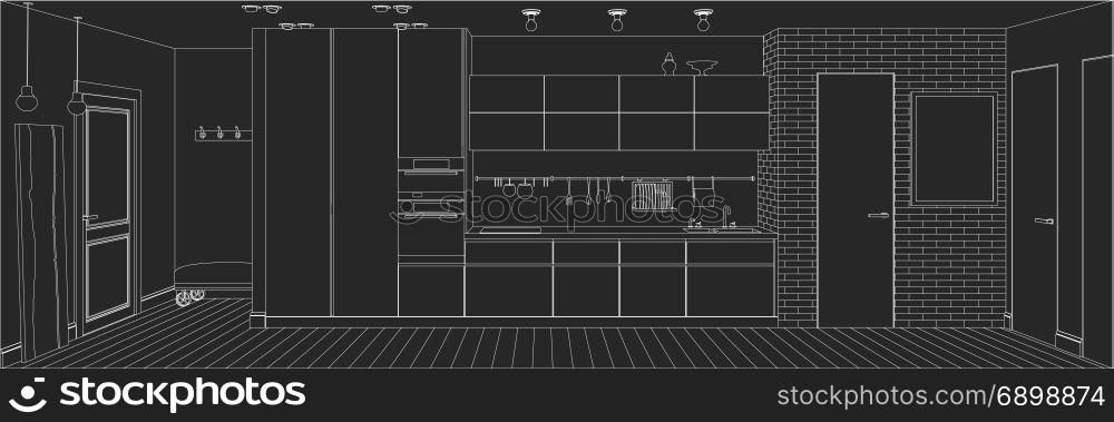 Line sketch drawing of the interior kitchen. Vector perspective illustration.