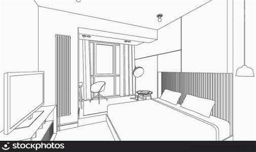 Line sketch of the interior bedroom. Vector thin illustration.