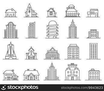 Line skyscrapers and houses. Outline city and town building. Real estate icon. Modern architecture and cottage, thin linear urban vector set. Illustration building apartment, office and, skyscraper. Line skyscrapers and houses. Outline city and town building. Real estate icon. Modern architecture and cottage, thin linear urban vector set