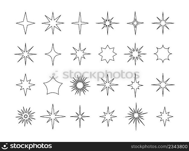 Line star icons. Simple outline sparkling and glowing different starry shapes. Doodle twinkling design. Isolated contour firework and glitter particles. Shiny stardust. Vector sky brilliant flares set. Line star icons. Simple outline sparkling and glowing starry shapes. Doodle twinkling design. Contour firework and glitter particles. Shiny stardust. Vector sky brilliant flares set