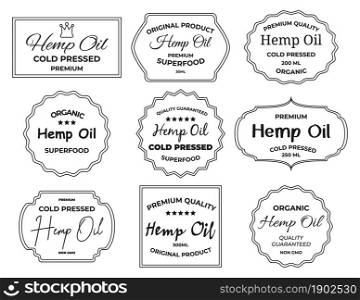 Line sticker with the inscription hemp oil, vector illustration. Badge of various graphic shapes. Creative label organic superfood, freehand. Brand premium hemp oil guaranteed quality, sketch.. Line sticker with the inscription hemp oil, set
