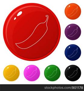 Line style chilli icons set 8 colors isolated on white. Collection of glossy round colorful buttons. Vector illustration for any design.