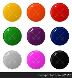 Line style crossed rapier icons set 9 colors isolated on white. Collection of glossy square colorful buttons. Vector illustration for any design.