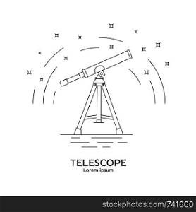 Line style icon of telescope. Telescope logo. Space exploration and adventure symbol. Concept of world explore. Clean and modern vector illustration for design, web.