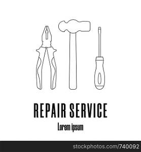 Line style icons of a hammer, screwdriver and pliers. Repair service logo. Clean and modern vector illustration.