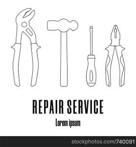 Line style icons of a hammer, screwdriver, pliers. Repair service logo. Clean and modern vector illustration.