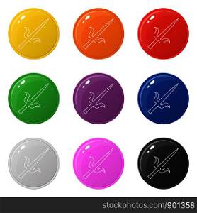 Line style sai weapon icons set 9 colors isolated on white. Collection of glossy round colorful buttons. Vector illustration for any design.