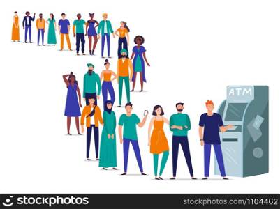 Line to ATM. People stand in queue, crowd waiting in line to withdraw money from bank card using ATM machine. Banking payment queueing, character wait for terminal transaction flat vector illustration. Line to ATM. People stand in queue, crowd waiting in line to withdraw money from bank card using ATM machine flat vector illustration