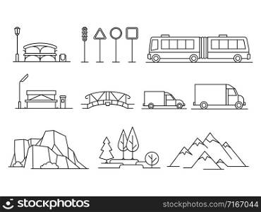 Line transportation, landscape line isons vector set on white backdrop. Line transportation, landscape isons set