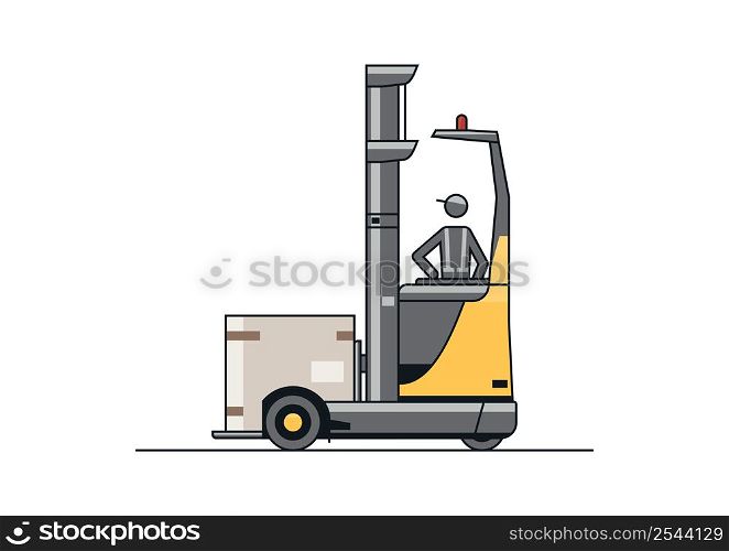 Line vector design of modern reach truck forklift with the operator and cargo.